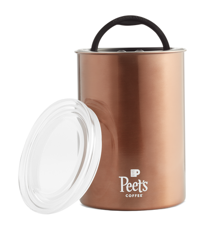 Peet's Coffee Copper airscape canister with lid off