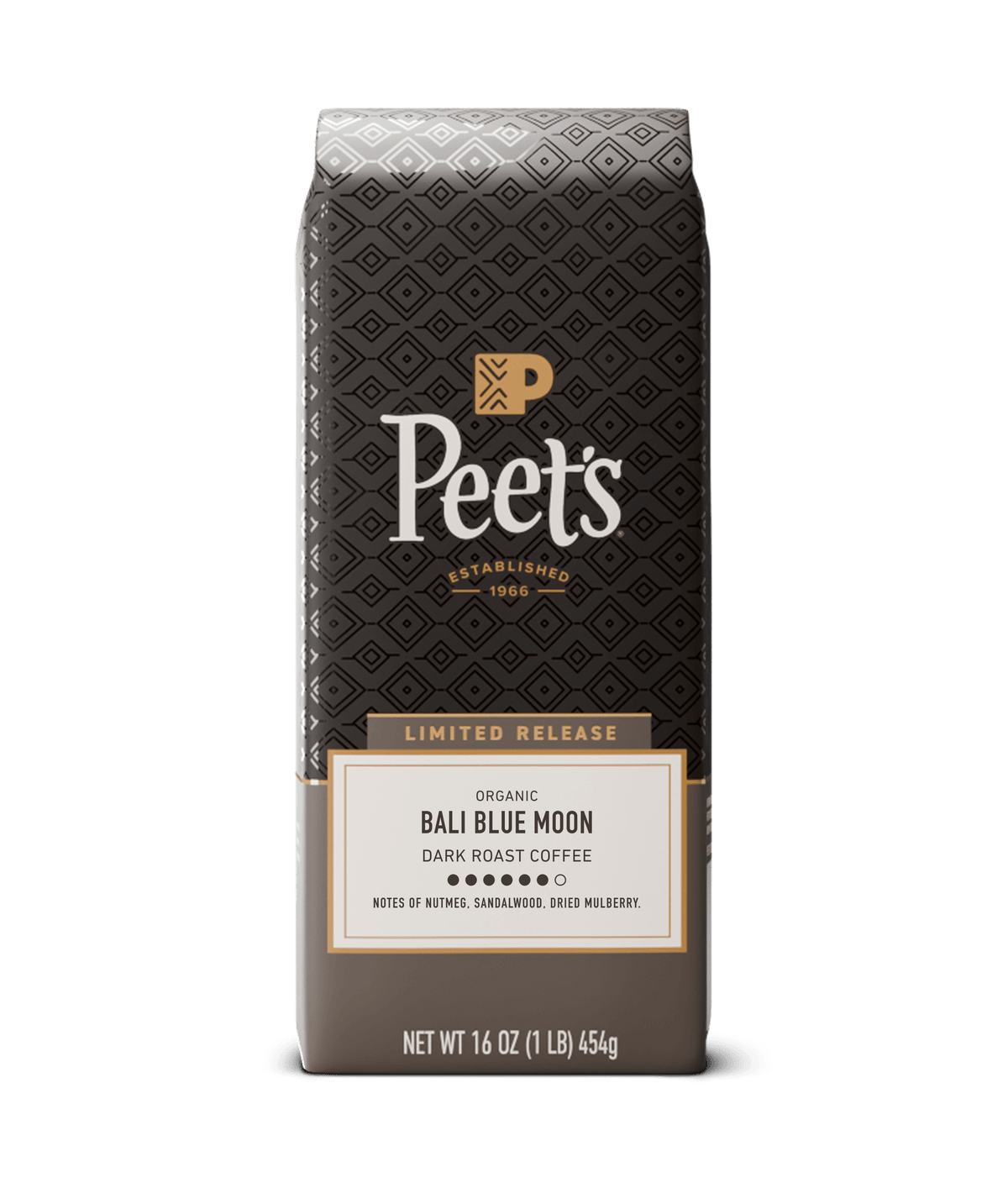 Peet's Coffee bag with 'Bali Blue Moon' label on a black background