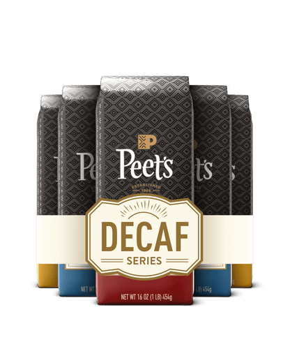 Peet's Decaf coffee packages with a black background