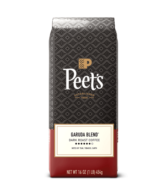 Peet's Garuda Blend coffee bag on a green background