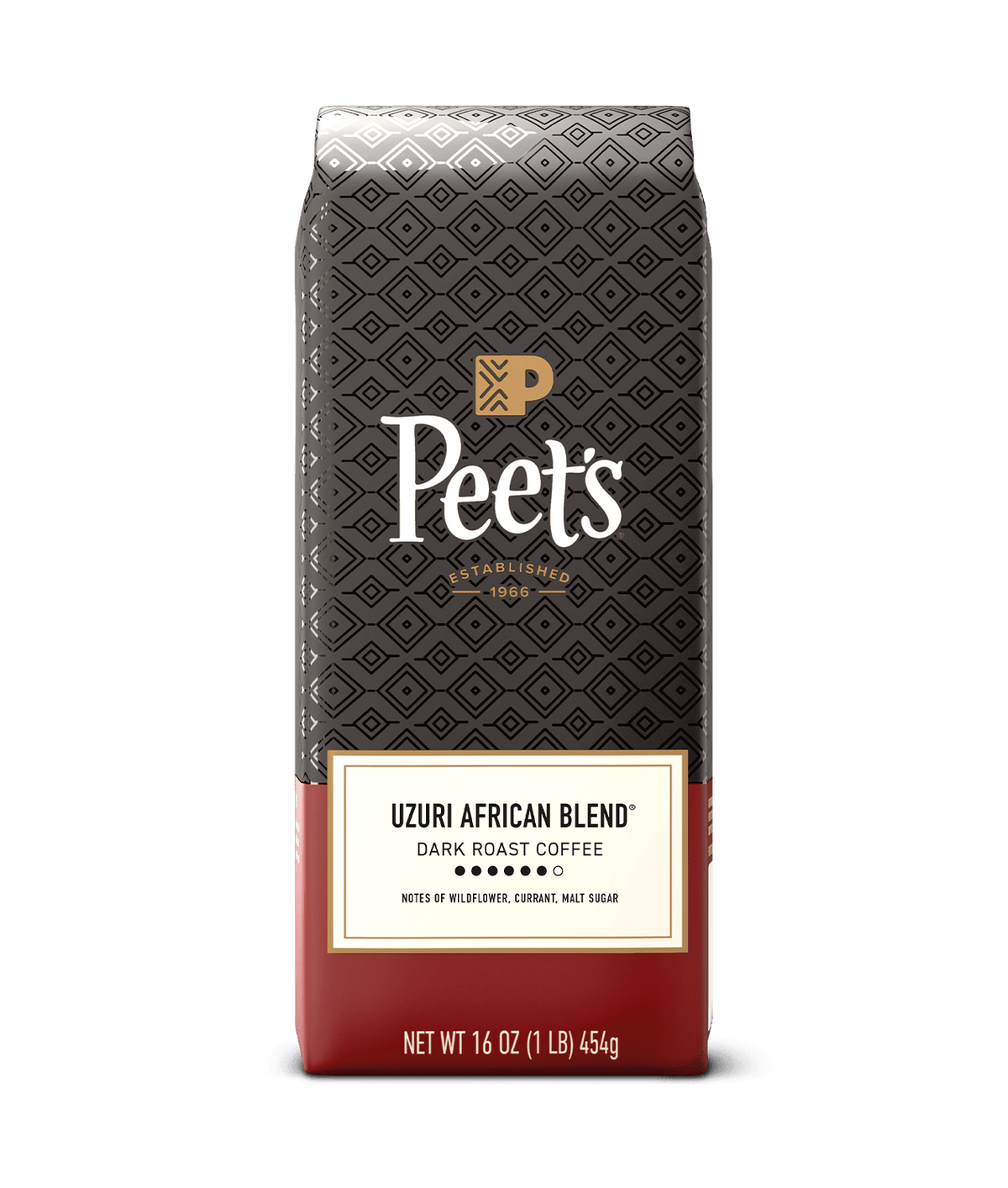 Peet's coffee uzuri bag with black and red design on a green background
