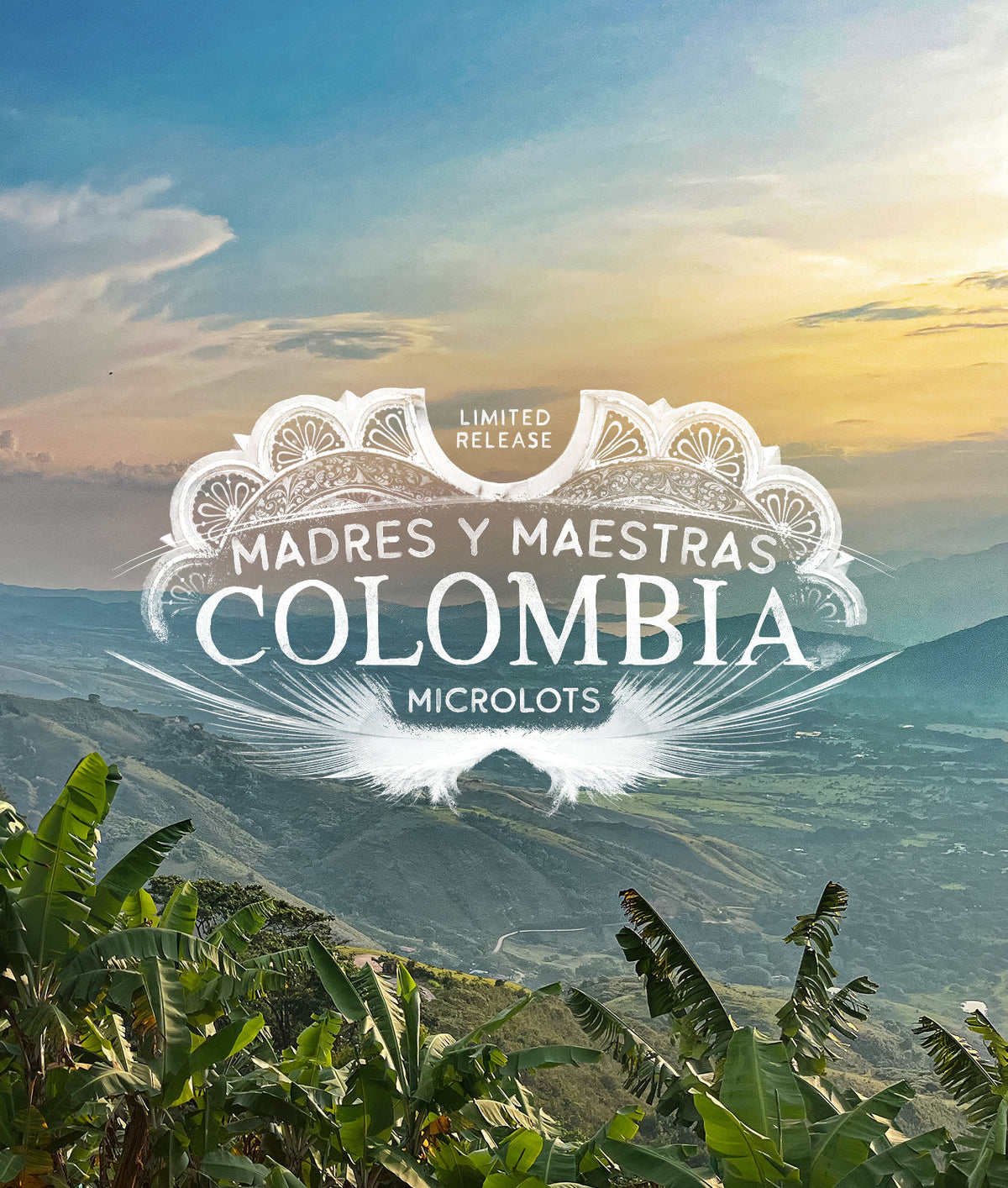 Scenic view of a mountainous landscape with 'Madres Y Maestras Colombia Microlots' logo overlay.