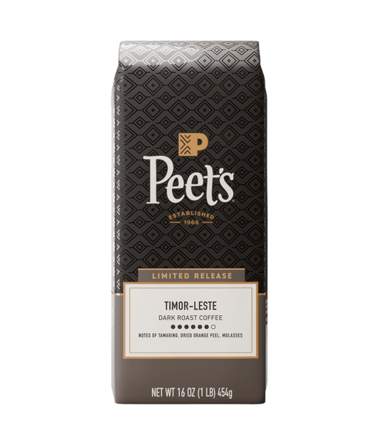 Peet's coffee bag with 'Timor-Leste' label on a white background