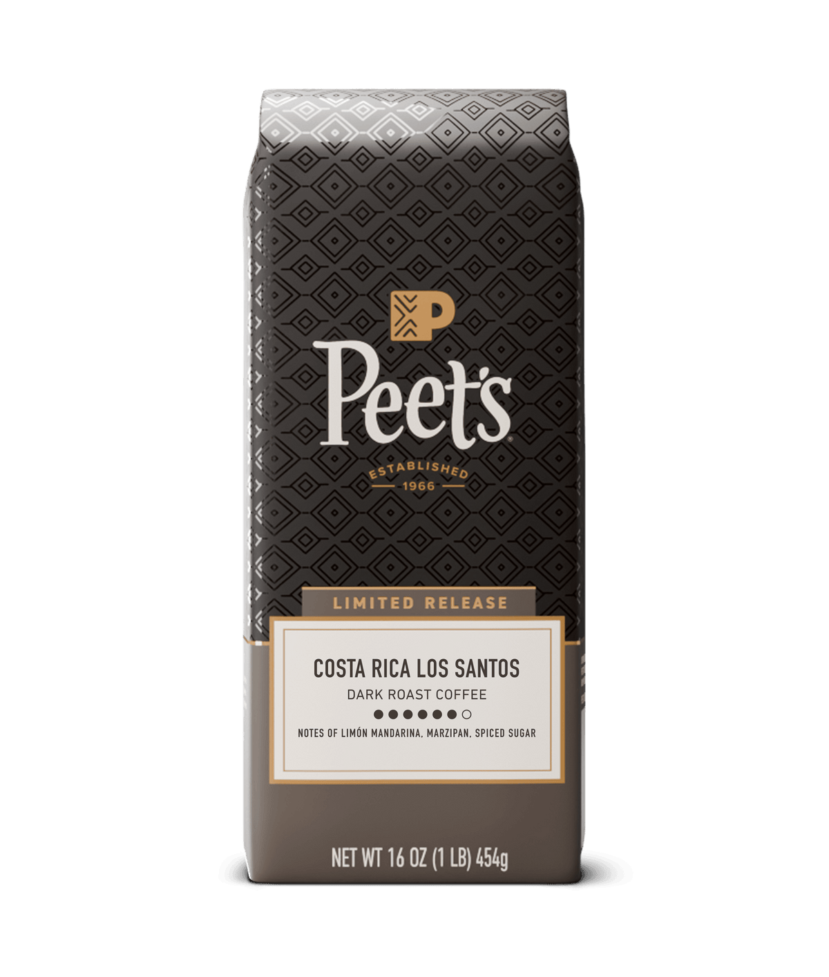 Peet's coffee bag with 'Costa Rica Los Santos' label on a white background