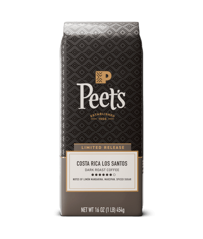 Peet's coffee bag with 'Costa Rica Los Santos' label on a white background