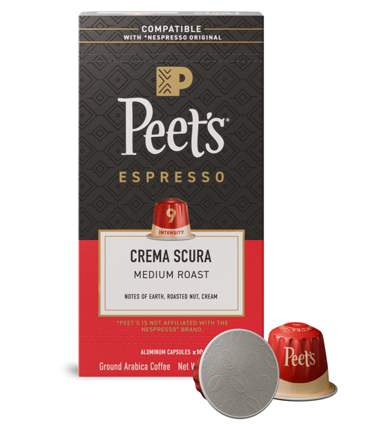 Peet's Espresso coffee capsule packaging with a red and black design.