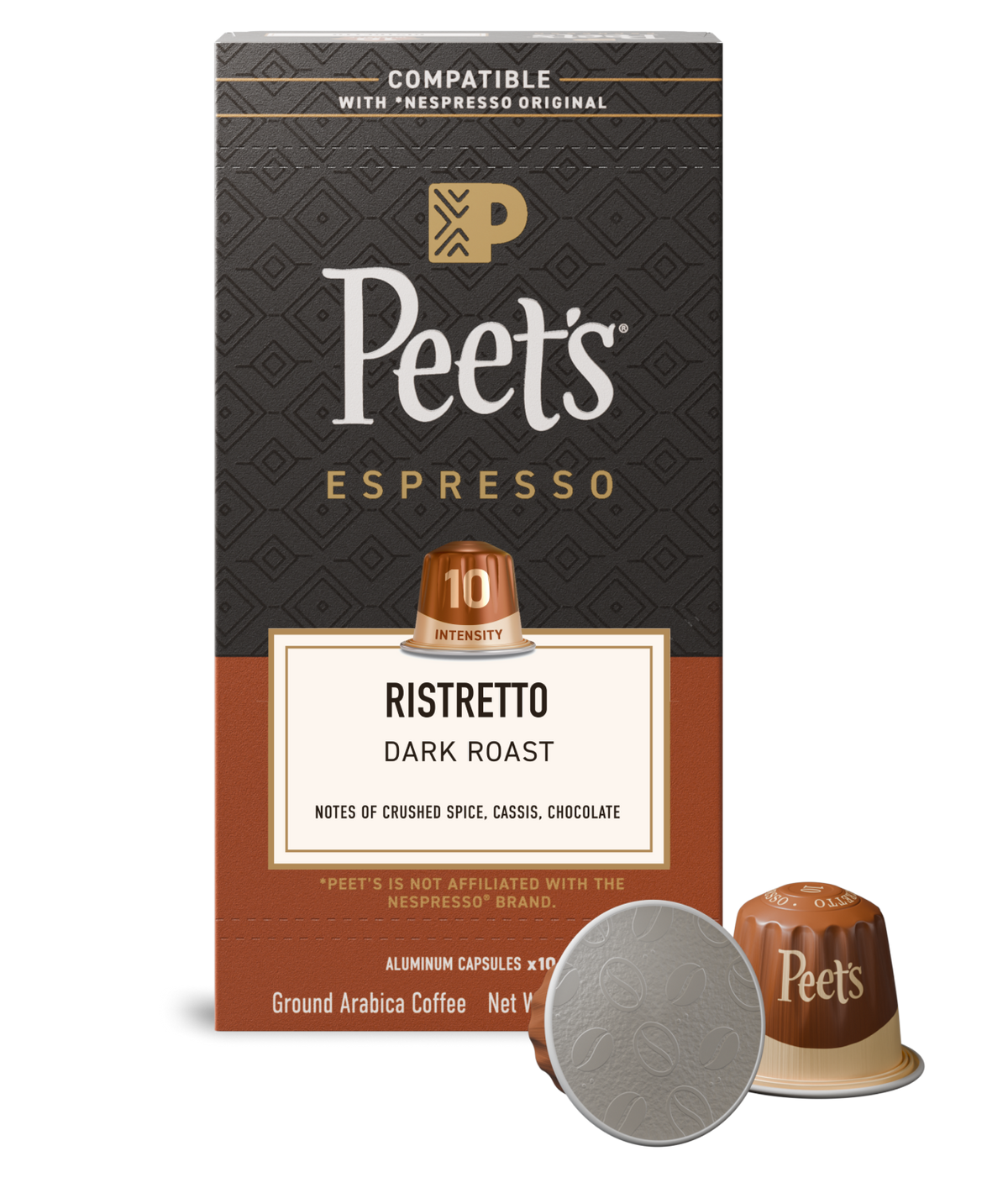 Peet's Espresso Ristretto coffee capsule packaging with a single capsule on a white background