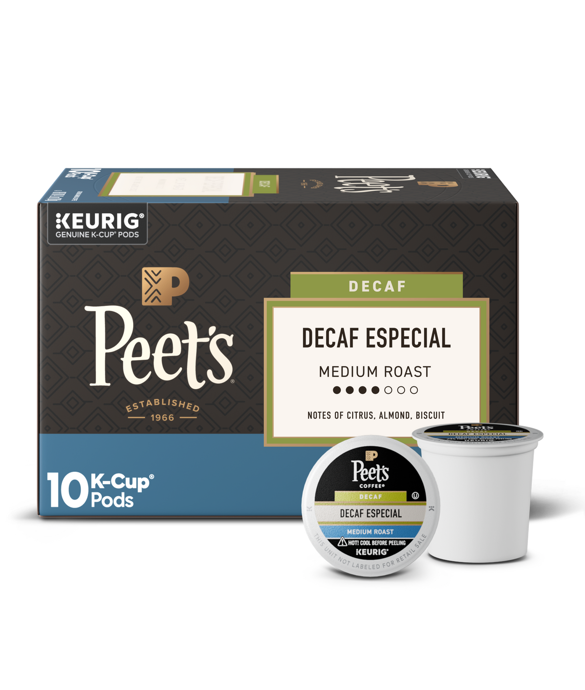 Peet's Decaf Especial K-Cup pods packaging with a single pod on a white background