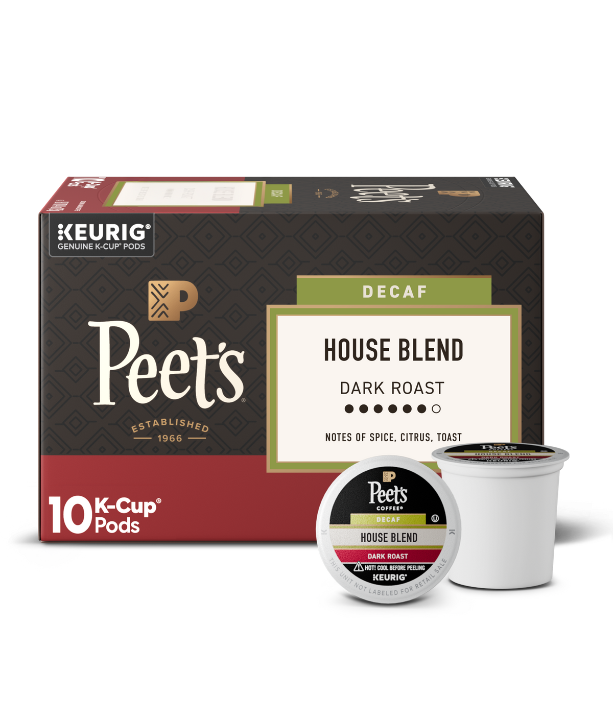 Box of Peet's K-Cup coffee pods with a single pod on a white background
