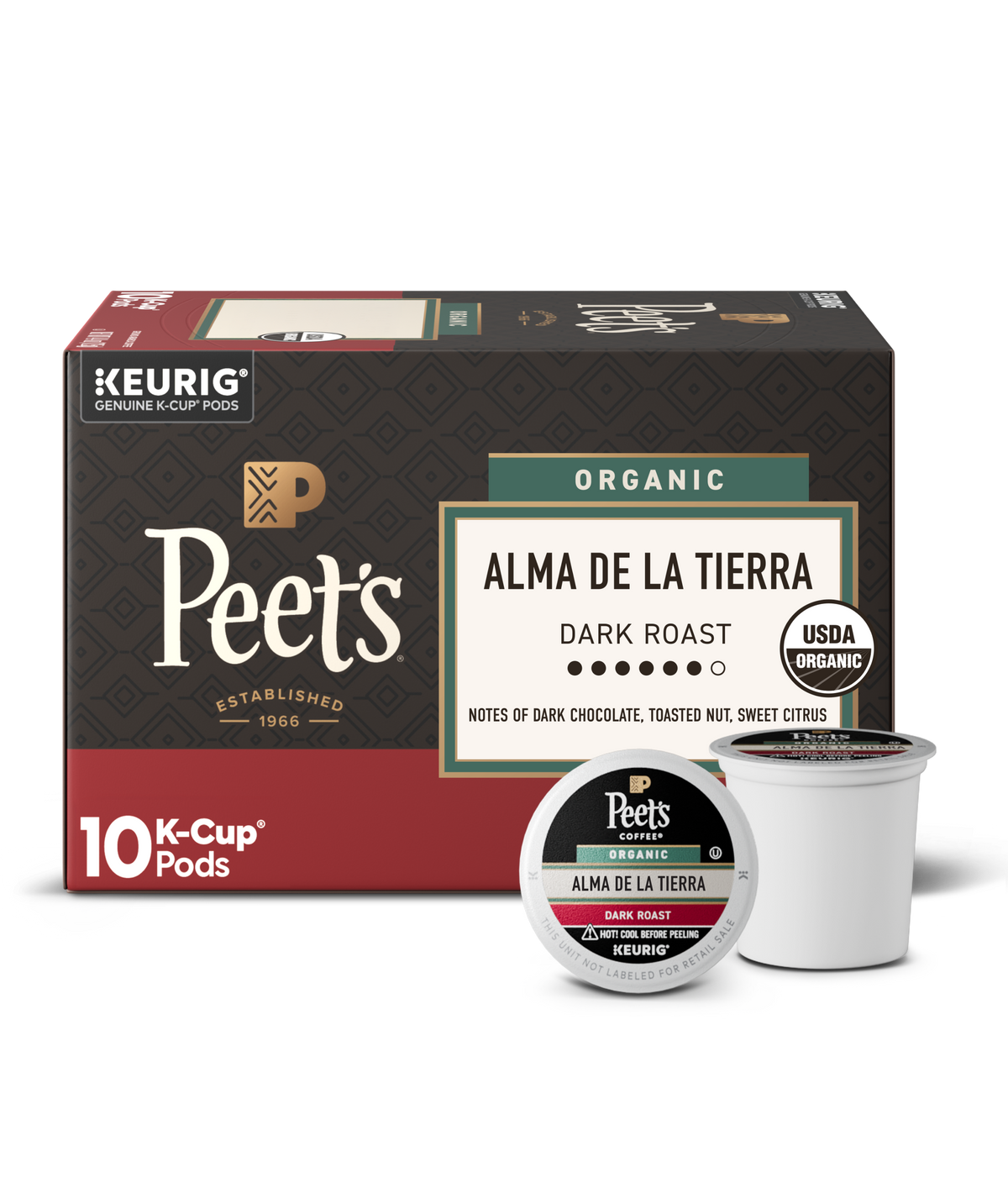 Box of Peet's Organic Alma de la Tierra K-Cup pods with a single pod on a white background.