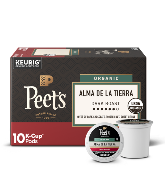 Box of Peet's Organic Alma de la Tierra K-Cup pods with a single pod on a white background.