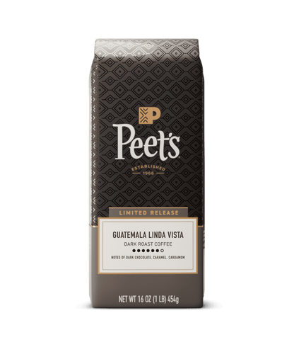 Peet's Guatemala Linda Vista dark roast coffee in a 16 oz bag, featuring a dark brown patterned design with gold and white text.