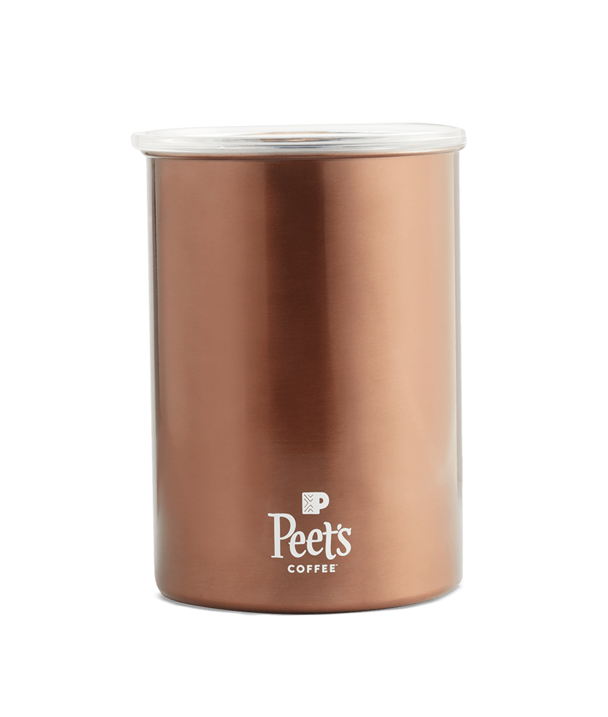 Peet's Coffee Copper airscape canister with lid on