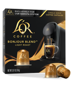 LöR Coffee Bonjour Blend packaging with coffee machine and capsules on a white background