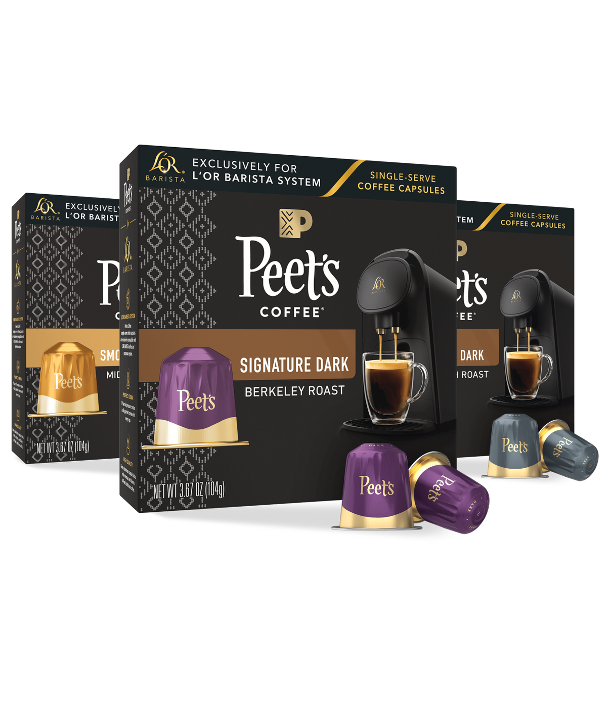 Peet's Coffee Signature Dark capsules and packaging on a white background
