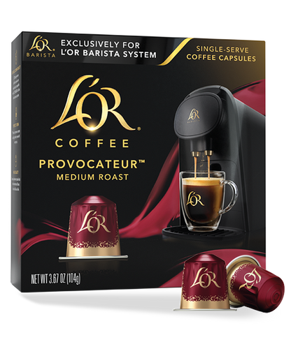 Lor Coffee Provocateur packaging with coffee capsule and machine illustration.
