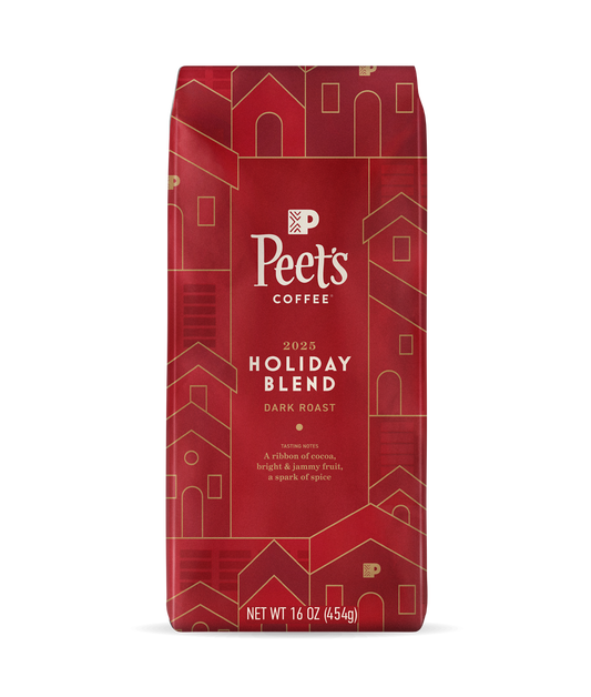 Peet's Coffee Holiday Blend 2025 Coffee Beans in a festive, red 16oz bag