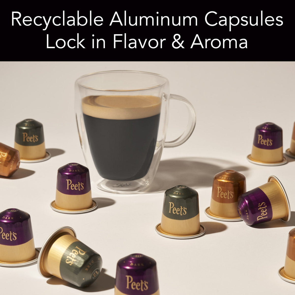 Peet's coffee capsules with a clear mug of coffee on a light background
